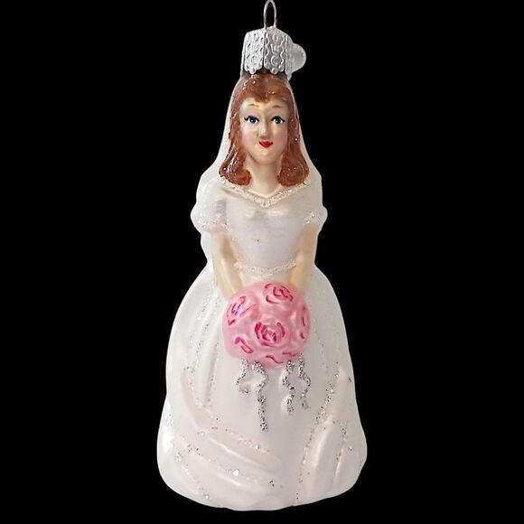 Old World Christmas Bride Ornament Brunette White Dress Roses Vintage Glass OWC - Picture 8 of 15